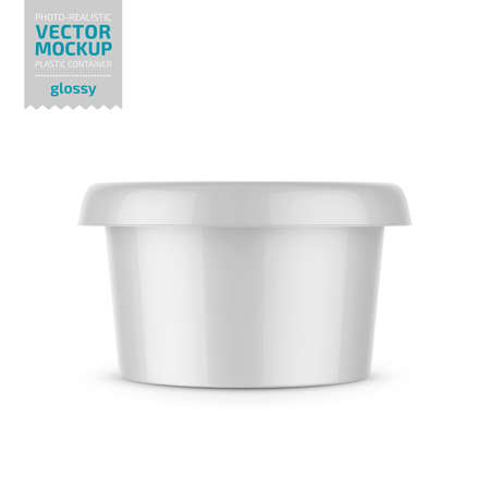 White round glossy plastic container for dairy products - spread, soft cheese, cream. Photo-realistic packaging mockup template. Vector 3d illustration.のイラスト素材