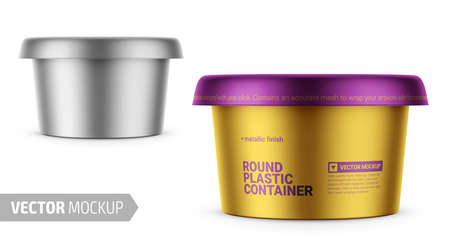 Gray round metallic plastic container for dairy products - spread, soft cheese, cream. Photo-realistic packaging mockup template with sample design. Vector 3d illustration.のイラスト素材