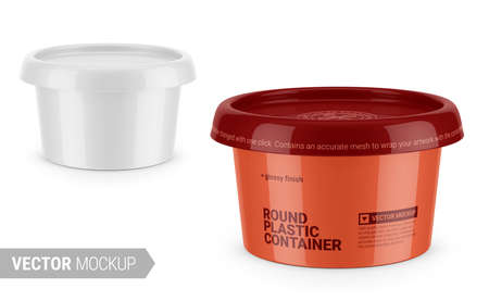 White round glossy plastic container for dairy products - spread, soft cheese, cream. High-angle shot. Photo-realistic packaging mockup template with sample design. Vector 3d illustration.のイラスト素材