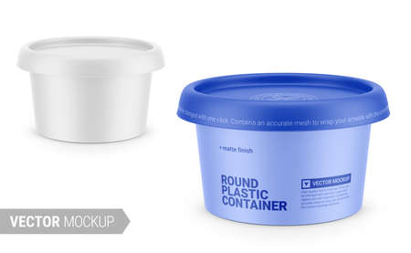 White matte glossy plastic container for dairy products - spread, soft cheese, cream. High-angle shot. Photo-realistic packaging mockup template with sample design. Vector 3d illustration.のイラスト素材