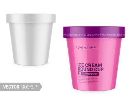 White round glossy ice cream cup. Photo-realistic packaging mockup template with sample design. Vector 3d illustration.のイラスト素材