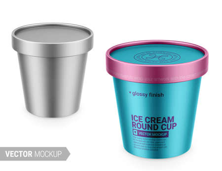 White round metallic ice cream cup. Photo-realistic packaging mockup template with sample design. High-angle view. Vector 3d illustration.のイラスト素材