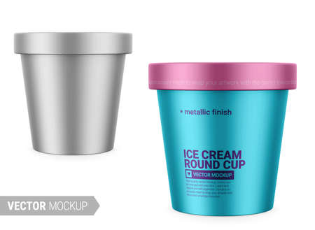 White round metallic ice cream cup. Photo-realistic packaging mockup template with sample design. Vector 3d illustration.のイラスト素材