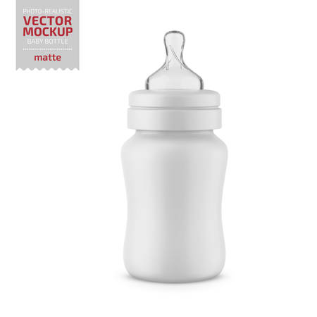 White matte plastic baby feeding bottle with transparent nipple. Photo-realistic packaging mockup template.のイラスト素材