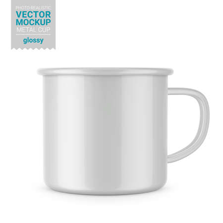 Glossy white enamel metal cup. Photo-realistic packaging mockup template. Front view. Vector 3d illustration. Contains an accurate mesh to wrap your artwork with the correct envelope distortion.のイラスト素材