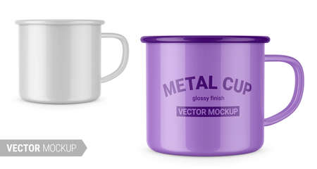 Glossy white enamel metal cup. Contains an accurate mesh to wrap your artwork with the correct envelope distortion. Photo-realistic packaging mockup template with sample design. Vector 3d illustrationのイラスト素材