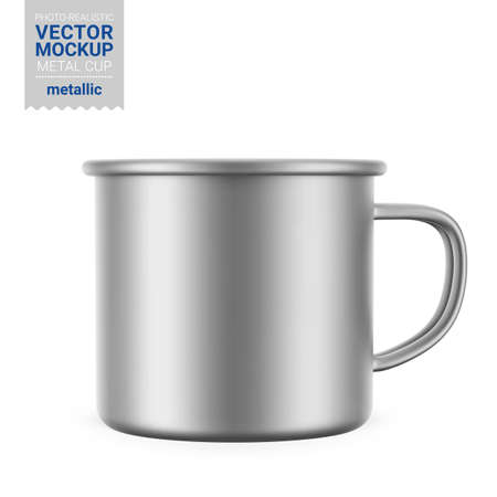 Metallic gray enamel metal cup. Photo-realistic packaging mockup template. Front view. Vector 3d illustration. Contains an accurate mesh to wrap your artwork with the correct envelope distortion.のイラスト素材