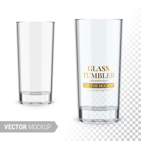Empty clear glass tumbler. Editable glass color. Contains gold layer and accurate mesh to wrap your design with envelope distortion. Photo-realistic packaging mockup template with sample design.のイラスト素材