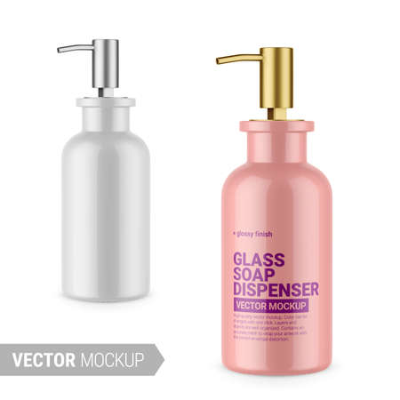 Glossy white soap dispenser bottle. Editable bottle and pump colors. Contains accurate mesh to wrap your design with envelope distortion. Photo-realistic packaging mockup template. Vector illustrationのイラスト素材