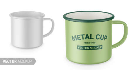 Matte white enamel metal cup. Photo-realistic packaging mockup template with sample design. Vector 3d illustration. Contains an accurate mesh to wrap your artwork with the correct envelope distortion.のイラスト素材