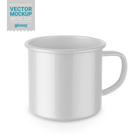 Glossy white enamel metal cup. Photo-realistic packaging mockup template. Front view. Vector 3d illustration. Contains an accurate mesh to wrap your artwork with the correct envelope distortion.のイラスト素材