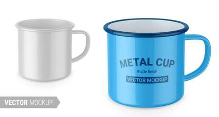 Glossy white enamel metal cup. Photo-realistic packaging mockup template with sample design. Vector 3d illustration. Contains an accurate mesh to wrap your artwork with the correct envelope distortionのイラスト素材