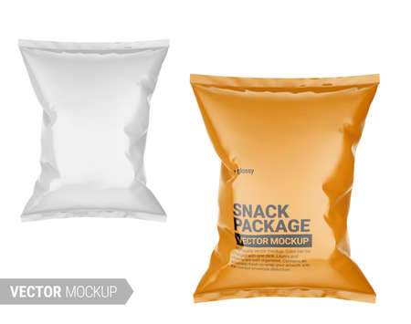 Glossy snack package. Photo-realistic packaging mockup template with sample design. Vector 3d illustration. Contains an accurate mesh to wrap your artwork with the correct envelope distortion.のイラスト素材