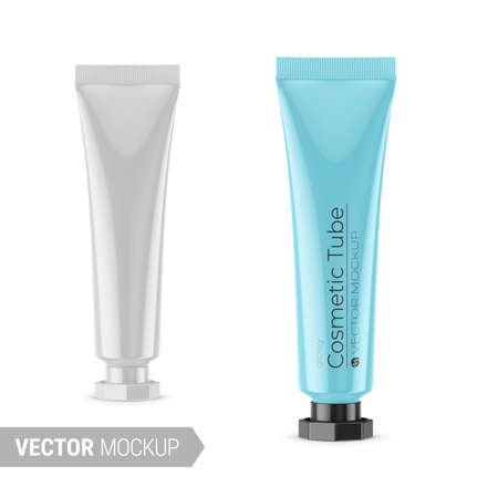 White glossy plastic cosmetic tube mockup. Vector illustration.のイラスト素材
