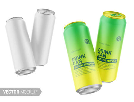 Two white matte drink cans mockup. Vector illustration.のイラスト素材