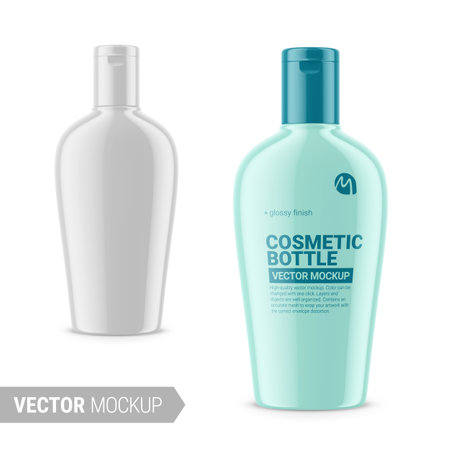 White glossy cosmetic bottle mockup. Vector illustration.のイラスト素材