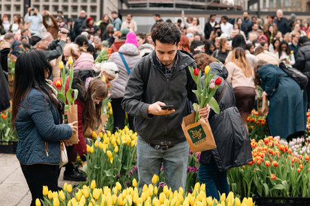 Berlin, Germany - March 14, 2026: A visitor checks his phone while holding freshly picked tulips...