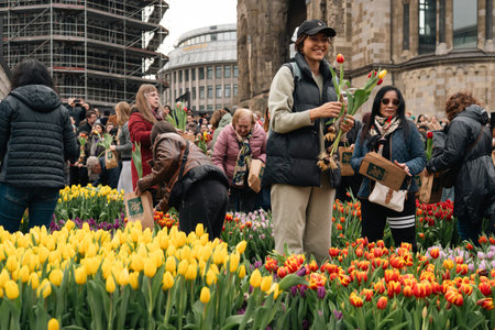 Berlin, Germany - March 2026: Visitors pick tulips during a public flower event in central Berlin,...