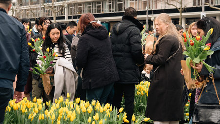 Berlin, Germany - March 14, 2026: Visitors carry freshly picked tulips while walking through a...