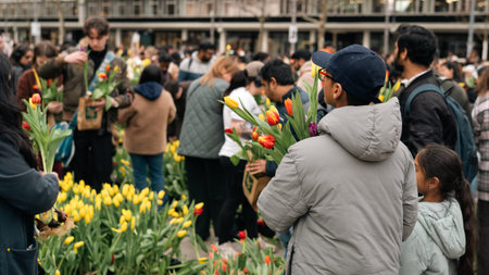 Berlin, Germany - March 14, 2026: A boy holds a bouquet of tulips while standing among visitors...