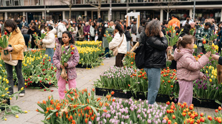 Berlin, Germany - March 14, 2026: Families and visitors walk among colorful tulip beds during a...