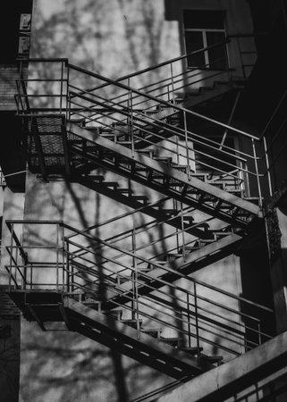 black and white street stairs. High quality photoの写真素材