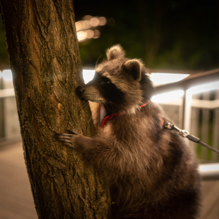 Raccoon in Red Harness on the Lookout. High quality photo