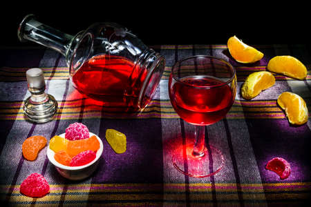 Still life decanter and a glass of red wine.の写真素材