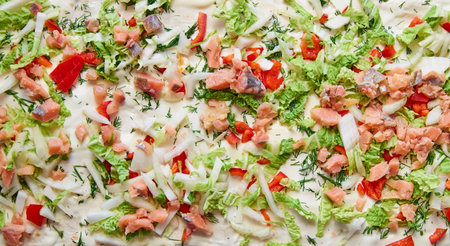 An appetizing close-up background fills the frame. Delicious ingredients top view. Bright delicious...