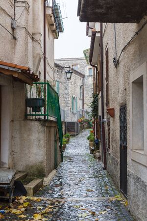 Villetta Barrea, Abruzzo, Italy. October 13, 2017. Photo documentation in the snowfall at the center of the countryの写真素材