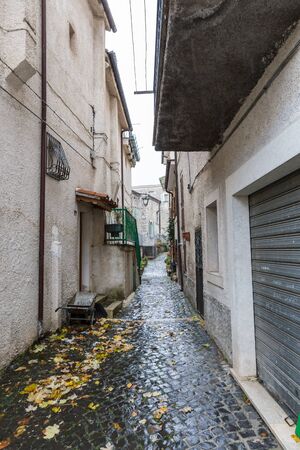 Villetta Barrea, Abruzzo, Italy. October 13, 2017. Photo documentation in the snowfall at the center of the countryの写真素材
