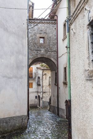 Villetta Barrea, Abruzzo, Italy. October 13, 2017. Photo documentation in the snowfall at the center of the countryの写真素材