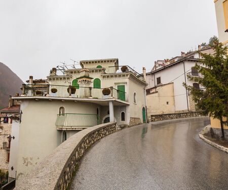 Villetta Barrea, Abruzzo, Italy. October 13, 2017. Photo documentation in the snowfall at the center of the countryの写真素材