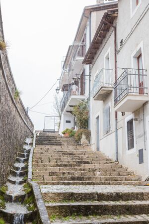 Villetta Barrea, Abruzzo, Italy. October 13, 2017. Photo documentation in the snowfall at the center of the countryの写真素材