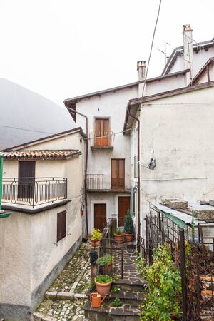 Villetta Barrea, Abruzzo, Italy. October 13, 2017. Photo documentation in the snowfall at the center of the countryの写真素材