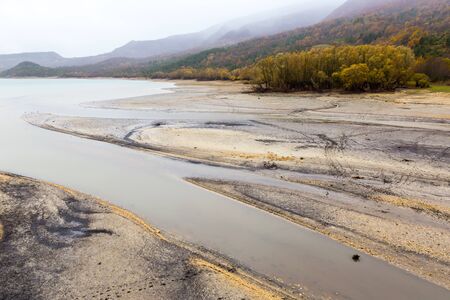 Lake of Barrea, Abruzzo, Italy. October 13, 2017. Overview of Lake Barrea in dry partの写真素材