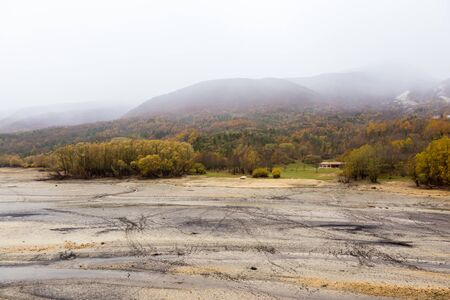 Lake of Barrea, Abruzzo, Italy. October 13, 2017. Overview of Lake Barrea in dry partの写真素材