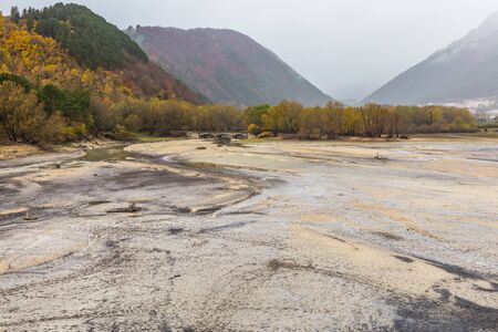 Lake of Barrea, Abruzzo, Italy. October 13, 2017. Overview of Lake Barrea in dry partの写真素材