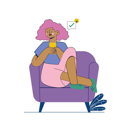 Young black woman sitting in armchair and using smartphone. Vector illustrationのイラスト素材