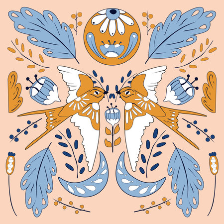 Ornamental pattern with flowers, leaves and birds. Vector illustration.のイラスト素材
