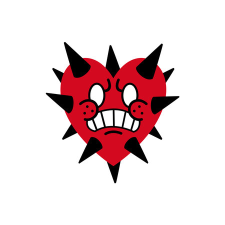 Cartoon red heart with angry face. Vector illustration isolated on white background.のイラスト素材