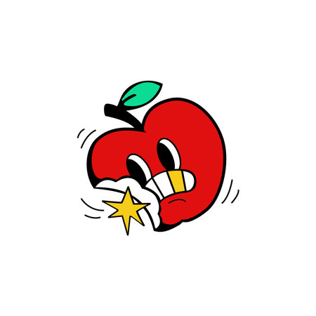 Funny apple with a star in his mouth. Vector illustration.のイラスト素材