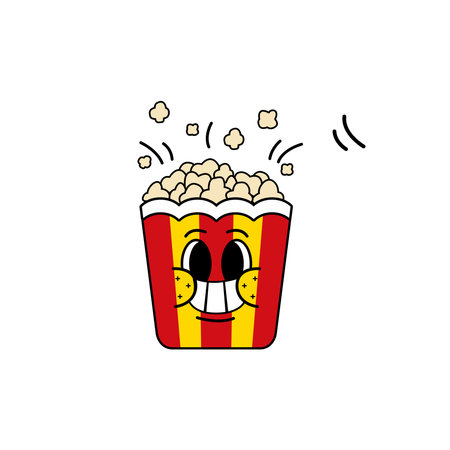Popcorn food cartoon character vector illustration with smiling emotic style for sticker, icon, logo, tattoo and advertisingのイラスト素材