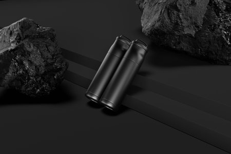 Mockup of black metal bottle on black background 3D rendering