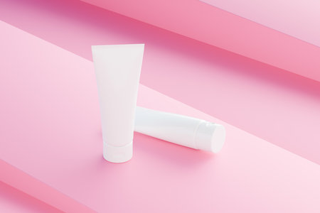 Cream tube on pink background. Skin care concept.の写真素材