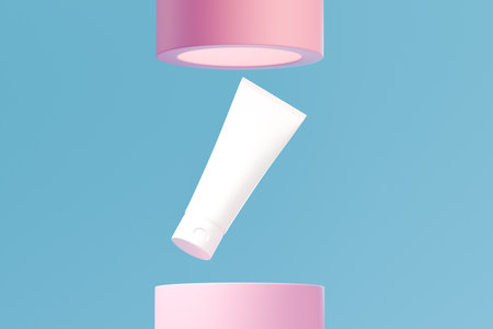 Cosmetic cream tube mockup on blue background. 3d illustrationの写真素材