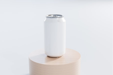 Aluminum soda can mockup on wood stand on white background with clipping pathの写真素材