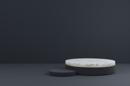 Black and white round podium on dark background. Mock up, 3D Renderingの写真素材