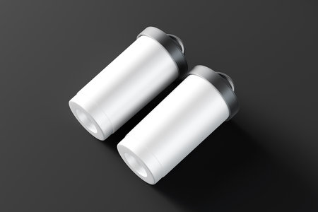 Two white thermos mockup on black background. 3d renderingの写真素材