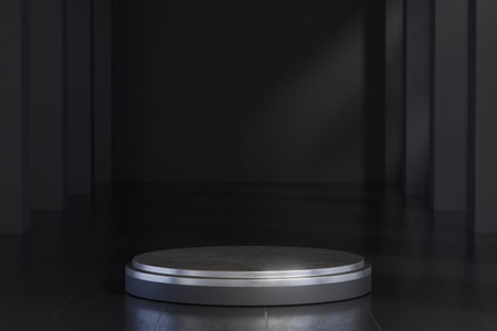 Black podium in dark room. Mock up, 3D Renderingの写真素材